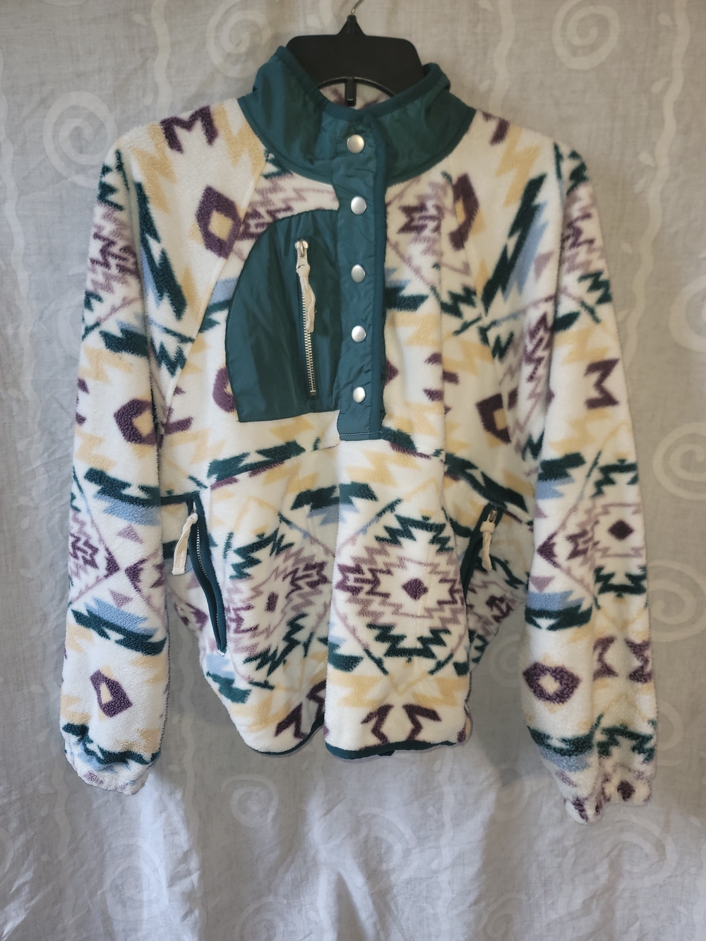 Teal and Ivory Aztec Print Fleece Pullover Jacket